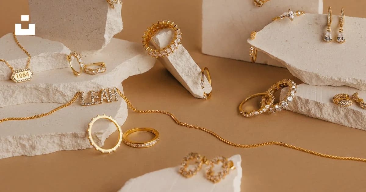 Gold jewellery arranged on sculptural stone forms